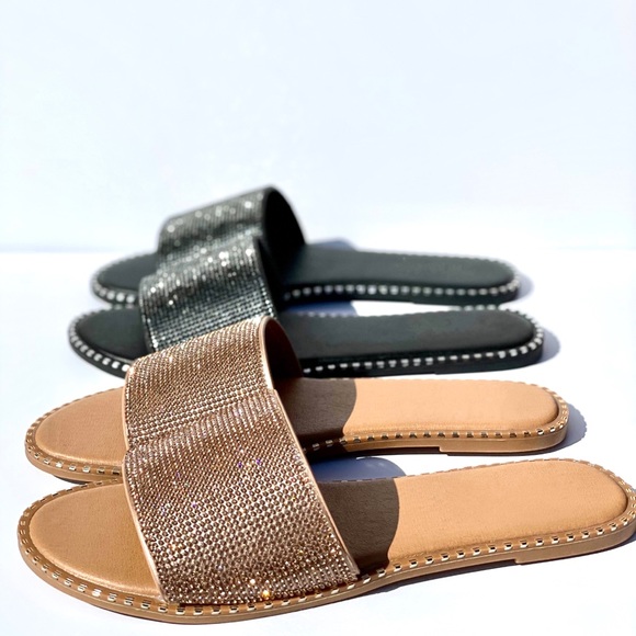 Rose Gold Rhinestone Flat Sandals - Picture 9 of 11